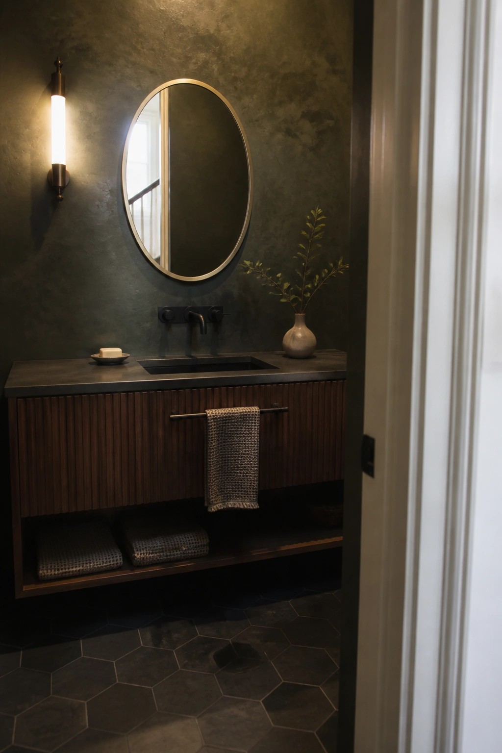 A bathroom vanity with fluted wood cabinetry under a dark textured wall, featuring an oval mirror, wall sconce, and open lower shelf with folded towels.