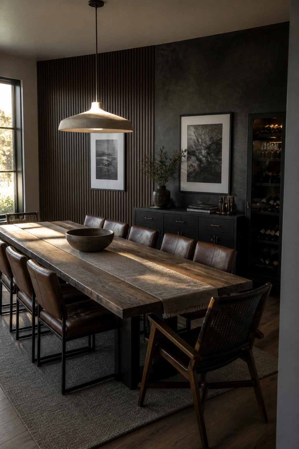 A contemporary dining room featuring a long wooden table with leather chairs, fluted wood wall paneling, and a dark textured accent wall with framed artwork.