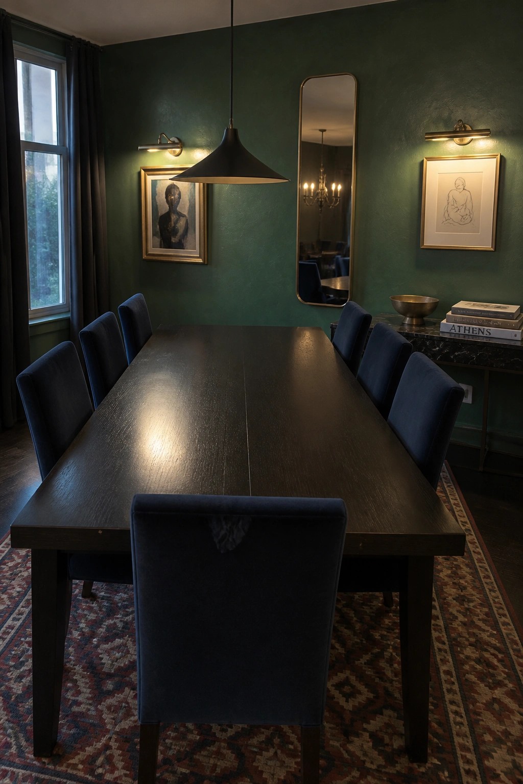 A long dark wood dining table surrounded by navy blue upholstered chairs in a green dining room with a black pendant light overhead.