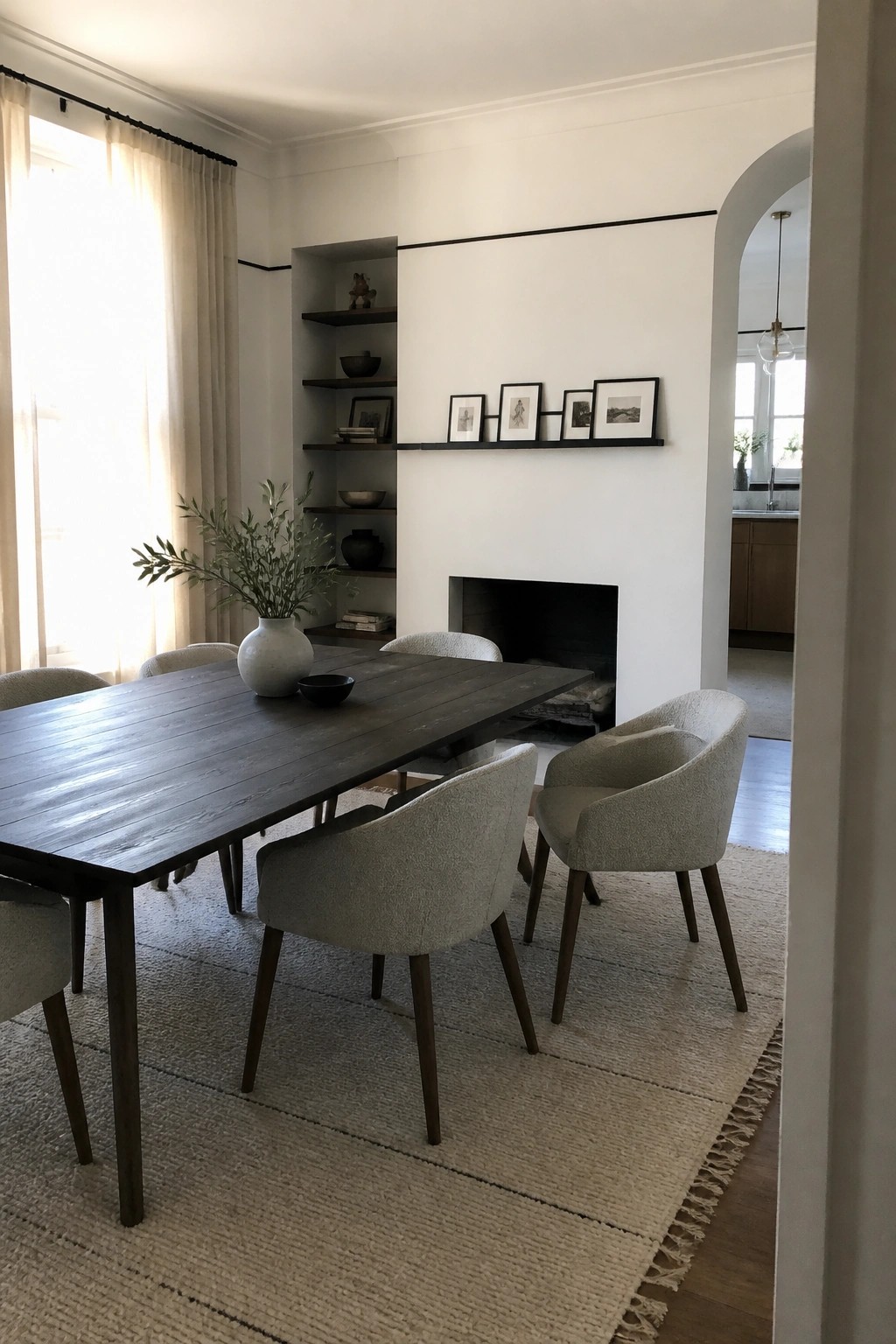 A contemporary dining room with a dark wood table, light upholstered chairs on a textured rug, built-in shelves, and a white fireplace.