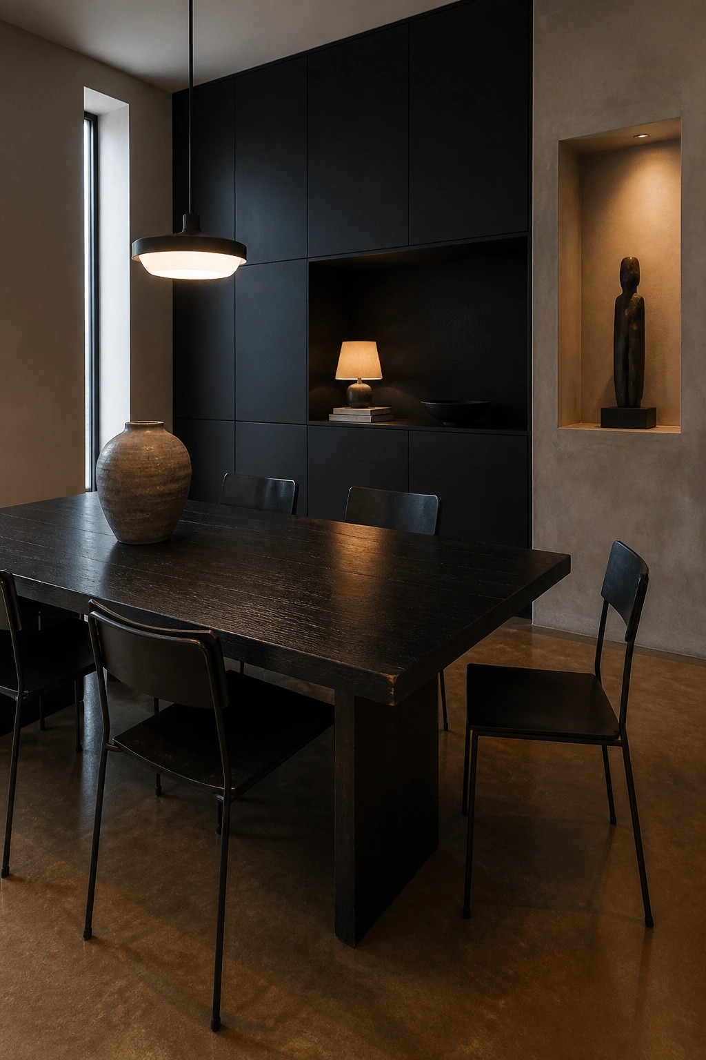 Dark minimalist dining room with black table, chairs, vase, pendant light, and sculpture niche