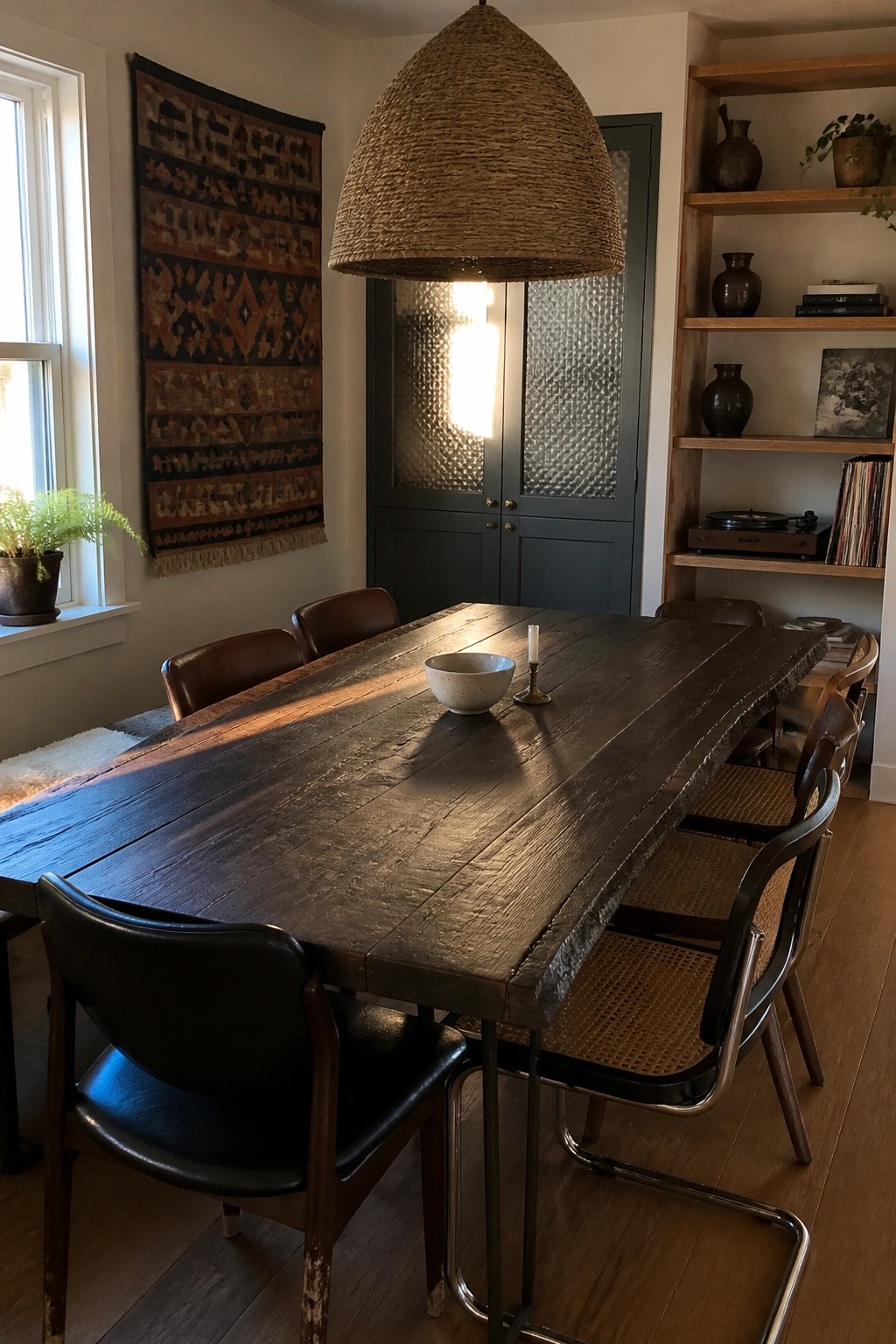 Long wooden dining table with mixed chairs under woven pendant in sunlit room with shelves