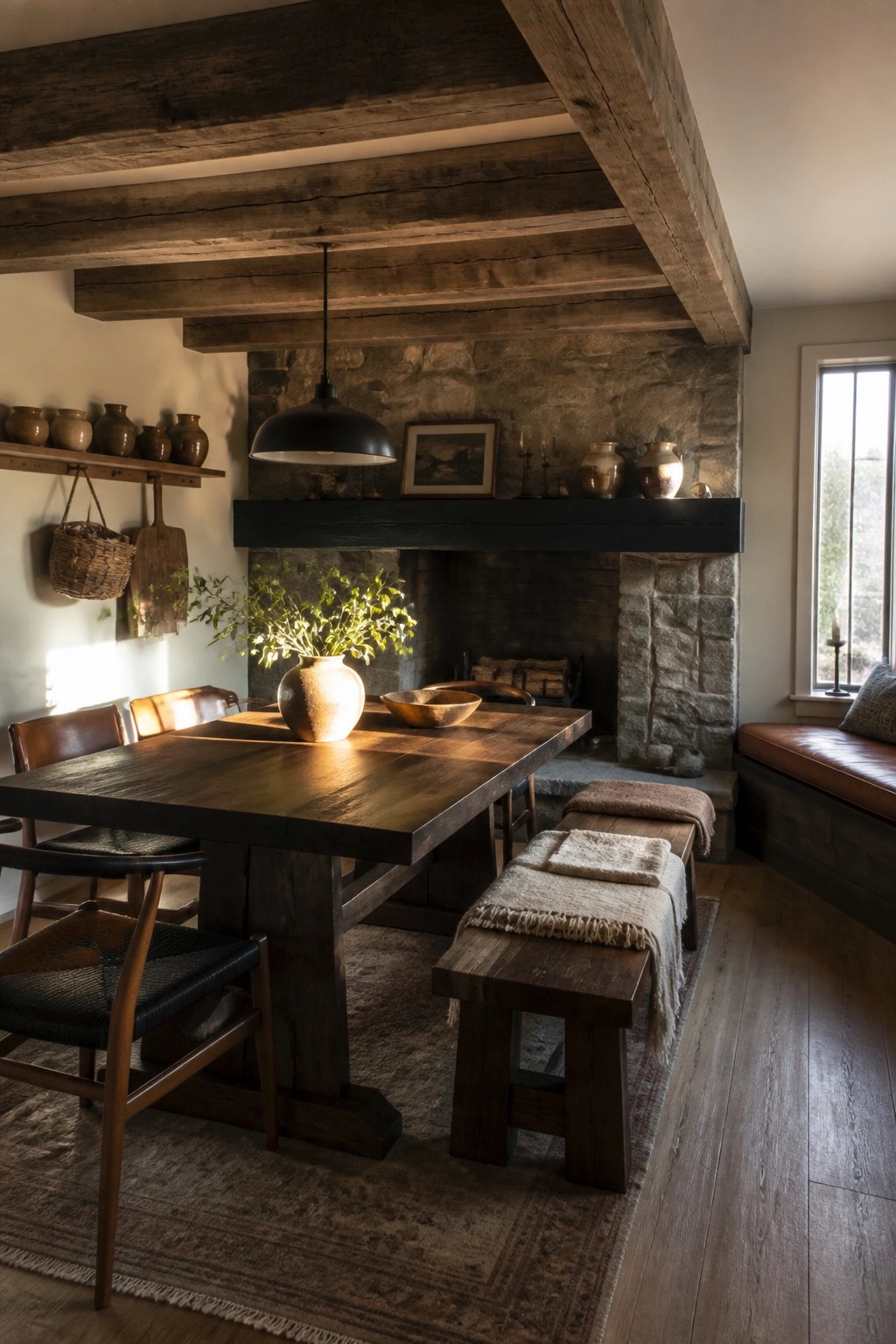 A dining room with a large dark wood table, wooden benches, and chairs set in front of a stone fireplace beneath exposed ceiling beams.