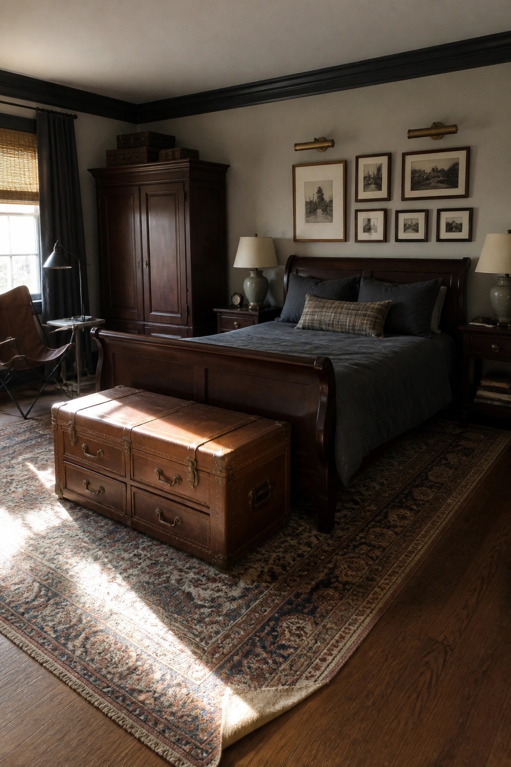 A bedroom featuring a dark wood sleigh bed with gray bedding, a large brown leather trunk on a patterned rug at the foot of the bed, and framed black and white photos arranged above the headboard.
