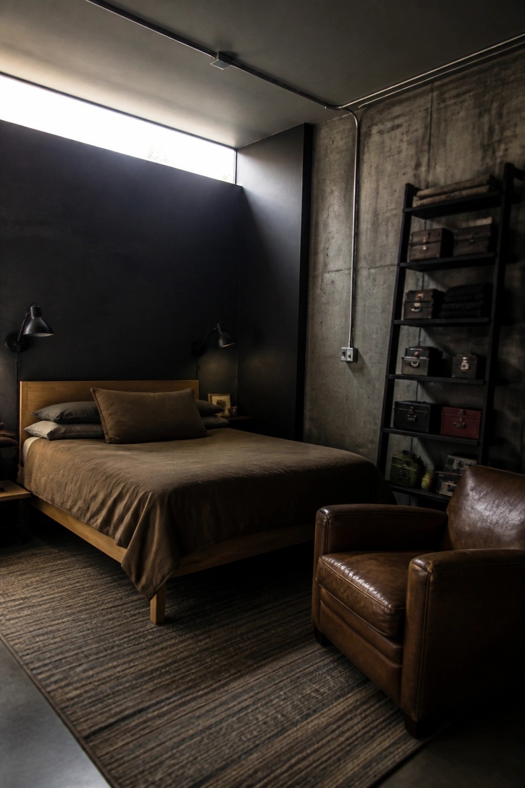 A bedroom featuring a wooden bed with brown bedding against dark charcoal walls, a brown leather armchair in the foreground, and a tall black shelf with trunks beside a concrete wall.