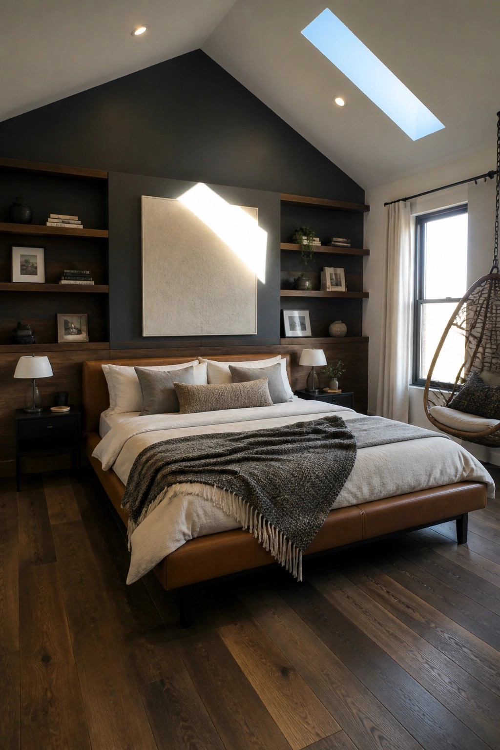 A bedroom with a brown leather bed against a dark charcoal wall, built-in wooden shelves on both sides, neutral bedding, and a large painting above the headboard.
