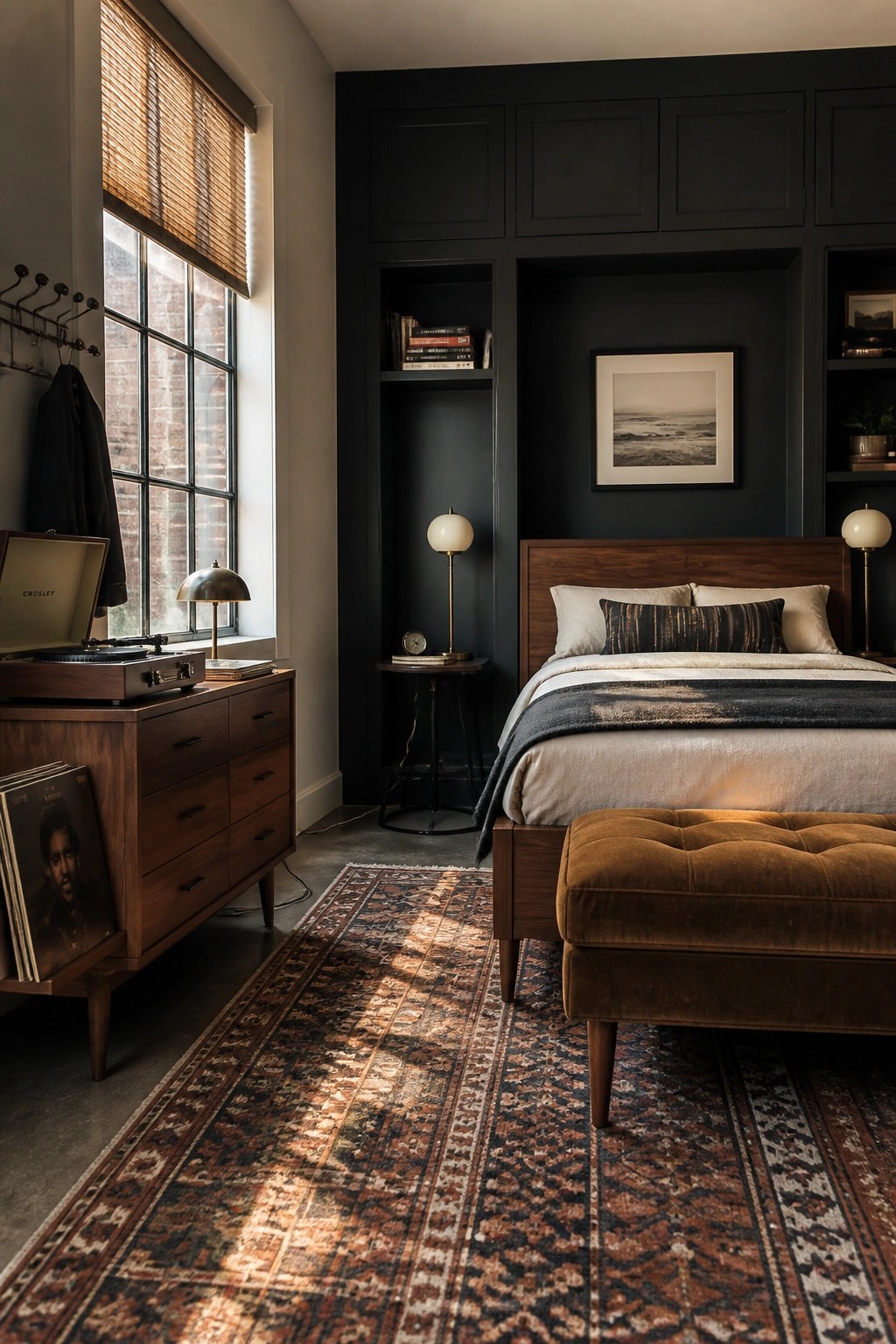 A bedroom featuring a wooden bed against dark built-in cabinetry and shelves, with a record player on a dresser and a patterned rug on the floor.