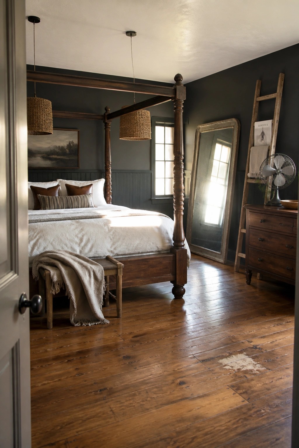 Rustic bedroom with dark four-poster bed, white linens, wooden floors, and vintage furniture
