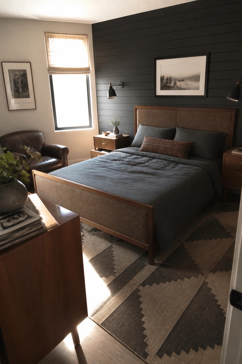 Cozy bedroom with blue bedding on wooden bed, dark wall, and geometric rug