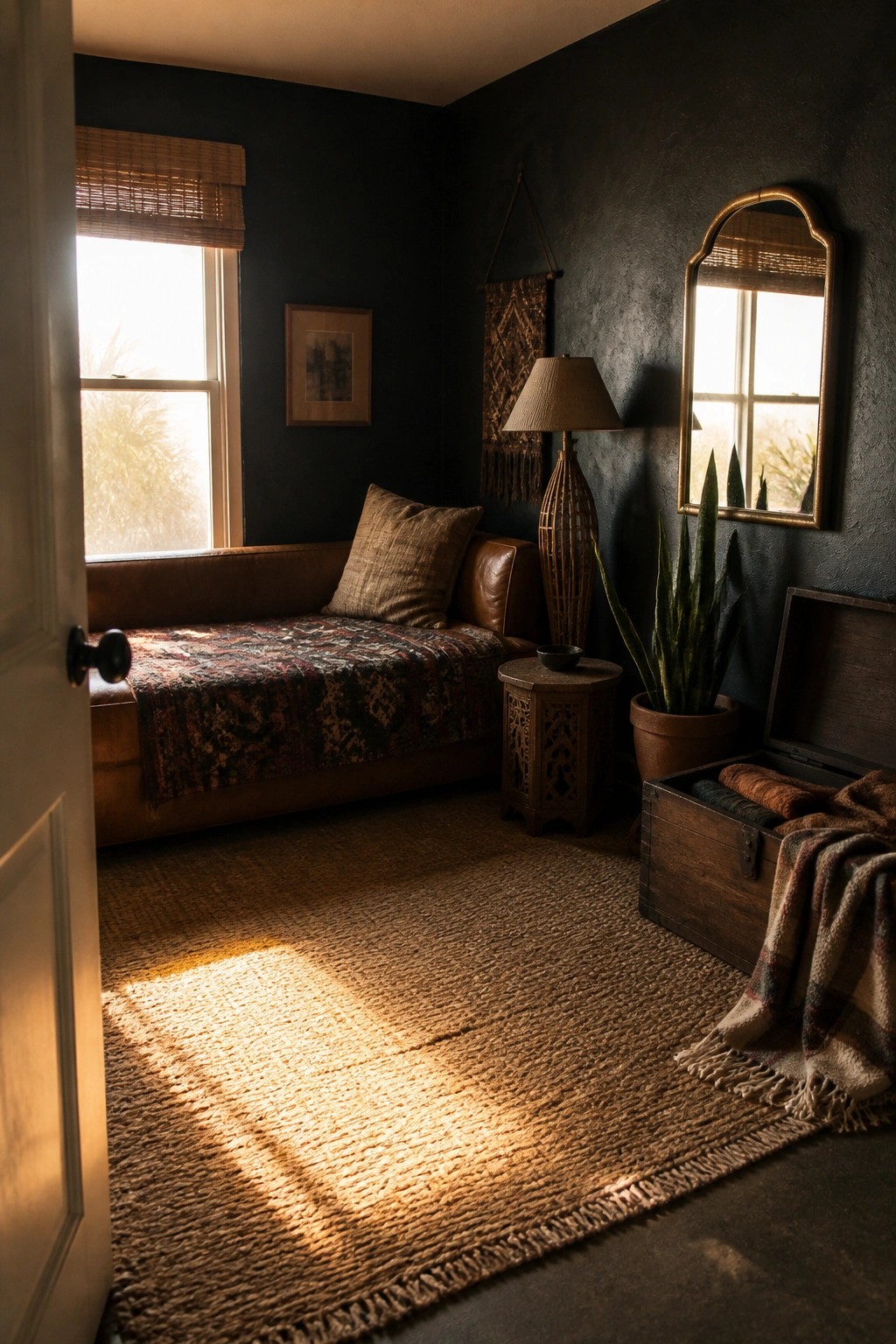 A bedroom with dark charcoal walls, a brown leather daybed covered with a patterned blanket, a large jute rug, and sunlight streaming across the floor from a window with a woven shade.