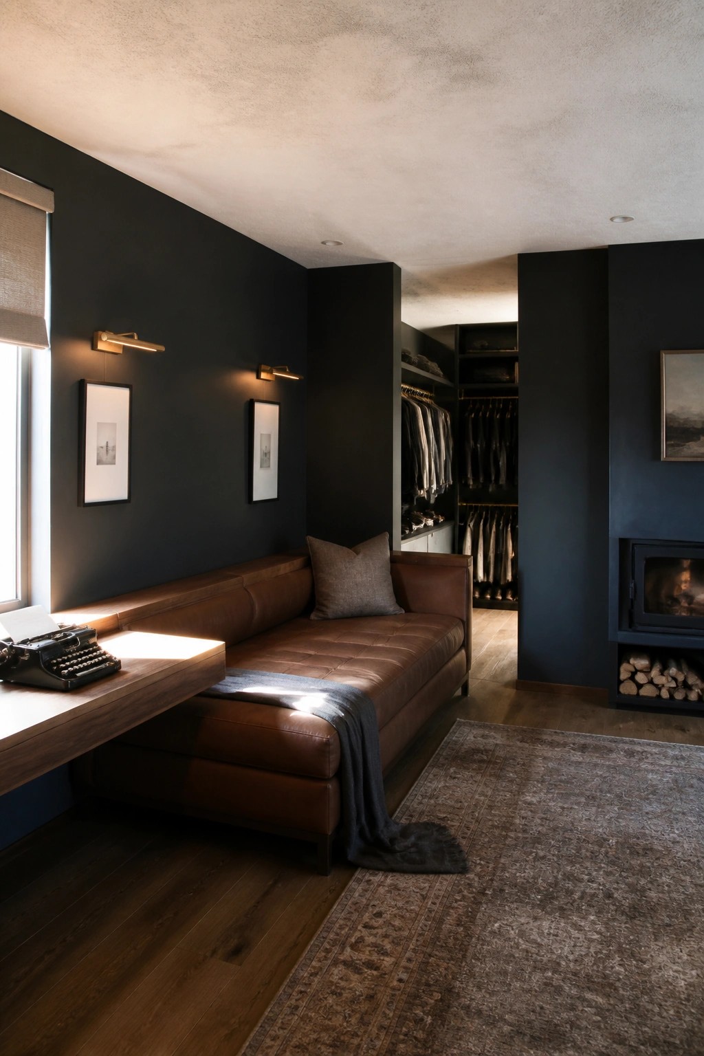 A dark charcoal bedroom featuring a brown leather sofa against the wall, a wooden floating desk with a typewriter, wall sconces, an open closet, and a fireplace with stacked wood.
