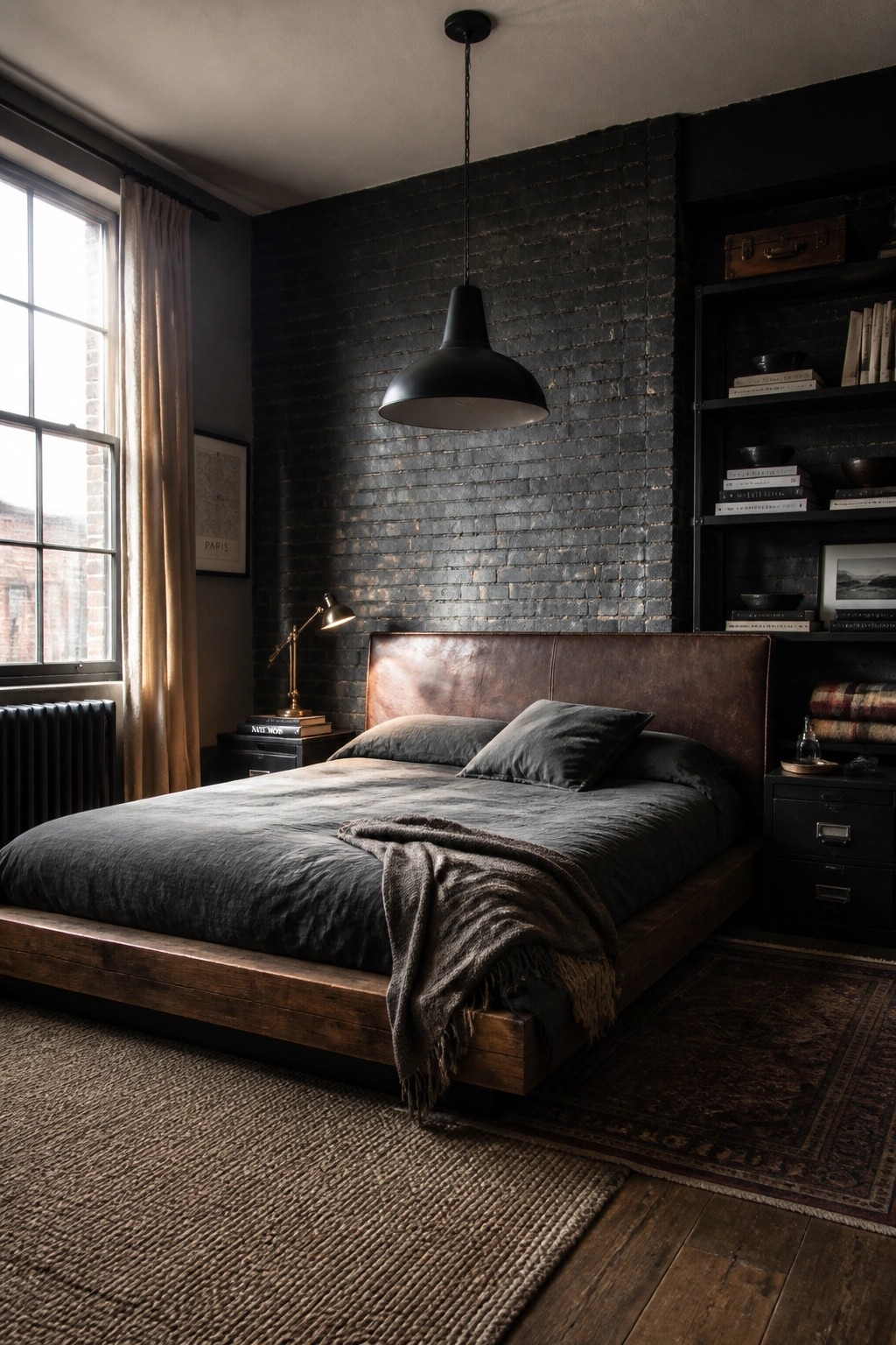 Dark bedroom with black brick wall, leather headboard bed, and pendant light.