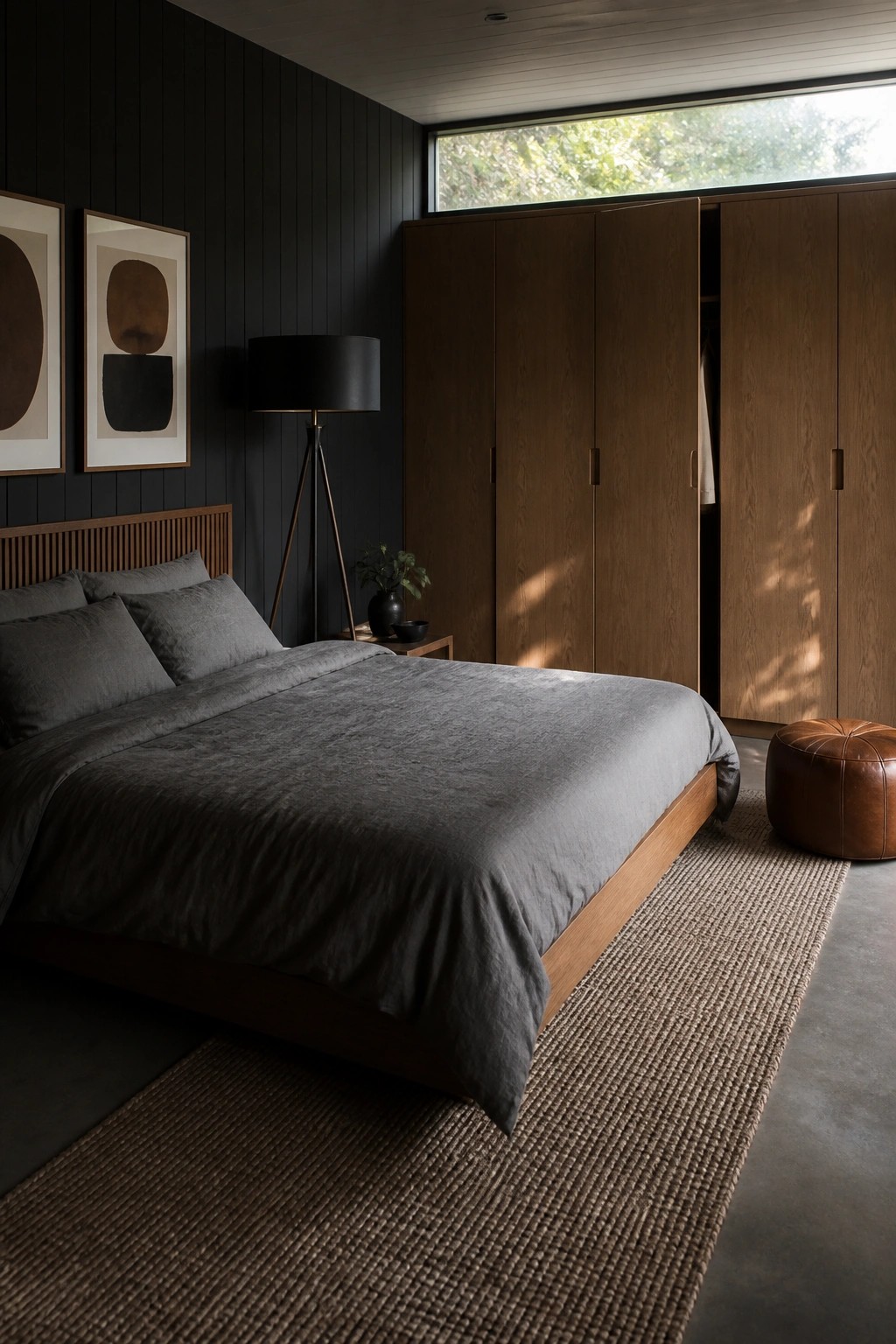 A bedroom interior with dark vertical paneled walls, a wooden bed frame with gray bedding, a large wooden wardrobe, a floor lamp, and woven rugs on the concrete floor.