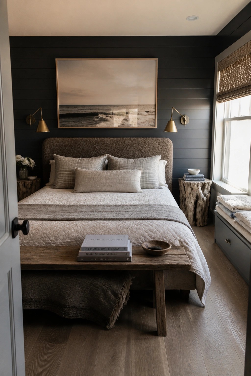 A bedroom featuring dark horizontal shiplap walls, a large bed with beige and brown bedding, brass wall sconces, and a wooden bench at the foot of the bed.
