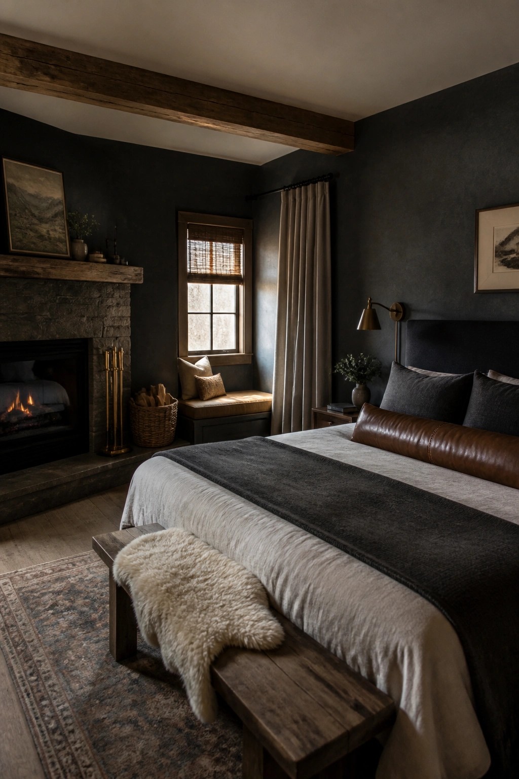 Dark bedroom with stone fireplace, bed with leather bolster, fur-topped bench, and window seat
