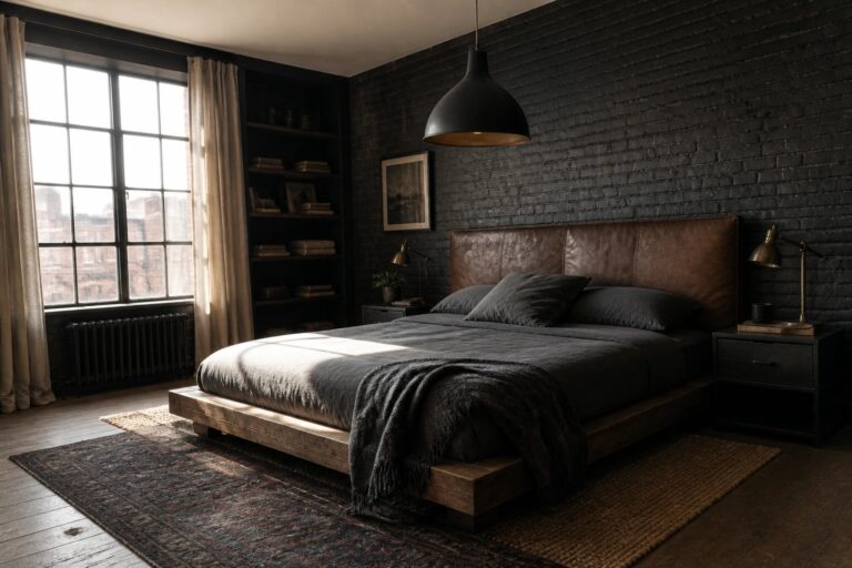24 Cozy Dark Masculine Bedrooms Designed Around Charcoal and Brown Tones Dark bedroom with black brick wall, leather headboard bed, and pendant light.