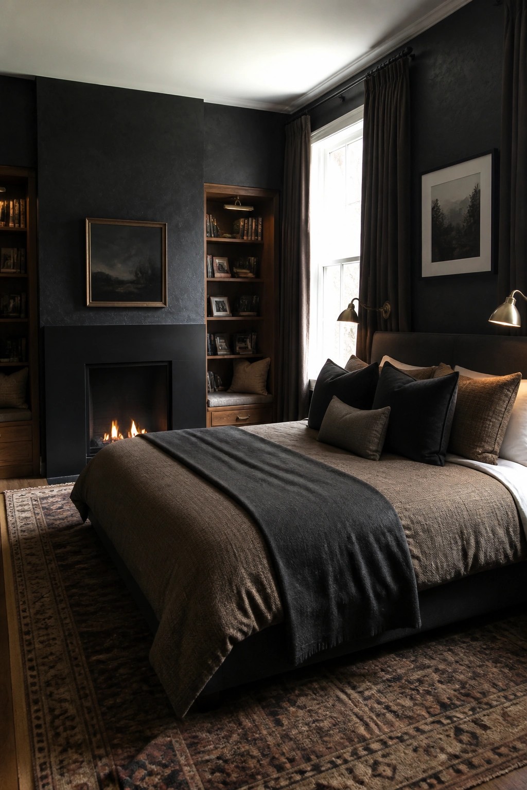 A dark bedroom featuring a fireplace with built-in wooden bookshelves on one side, a large bed with layered brown and black bedding, and a patterned rug on the floor.