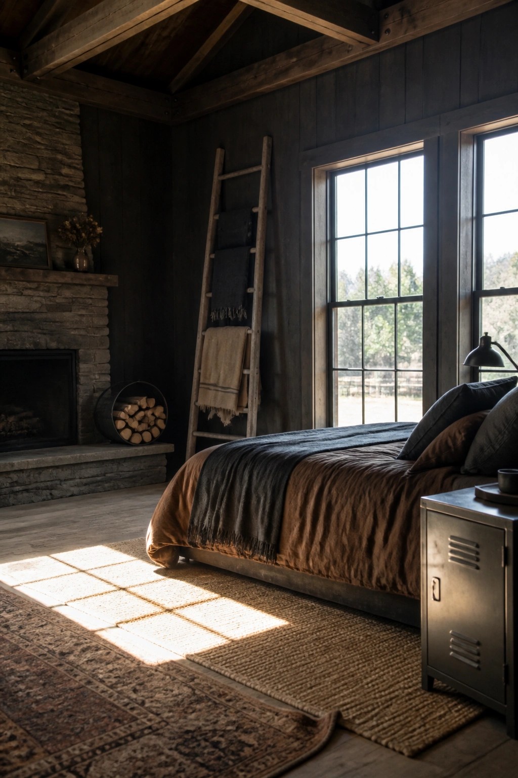 A dimly lit bedroom with dark wood walls, a bed covered in layered brown and charcoal blankets, a stone fireplace on the left, and a wooden ladder holding extra throws beside large windows.