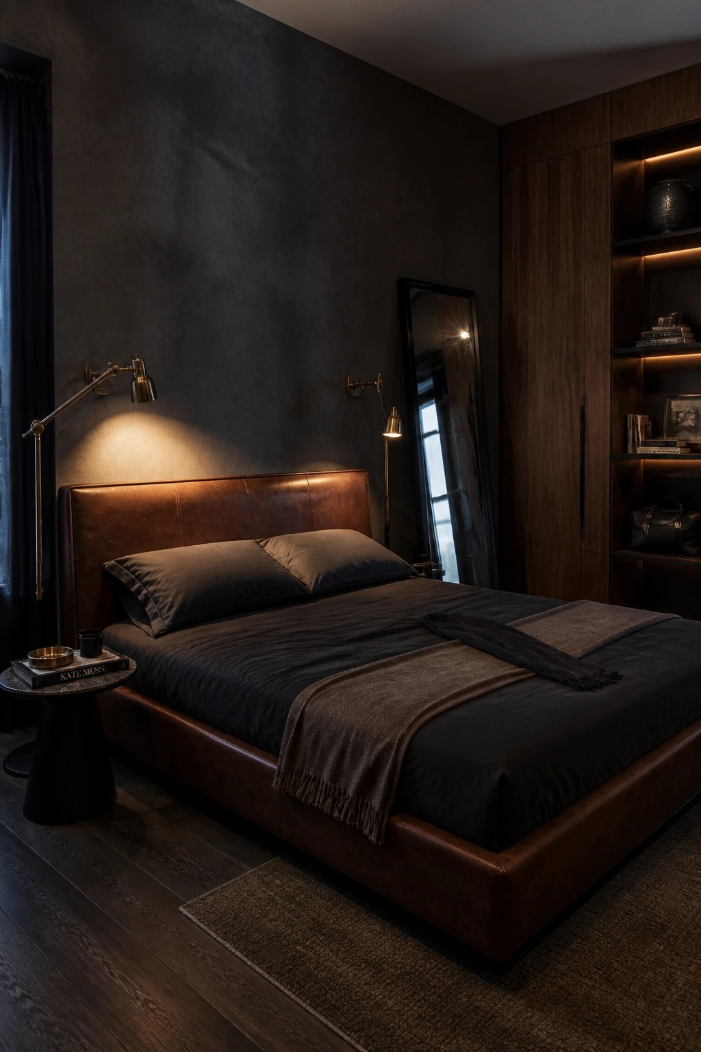 A bedroom featuring a brown leather bed against dark charcoal walls, with wall-mounted brass sconces and a tall mirror leaning nearby.