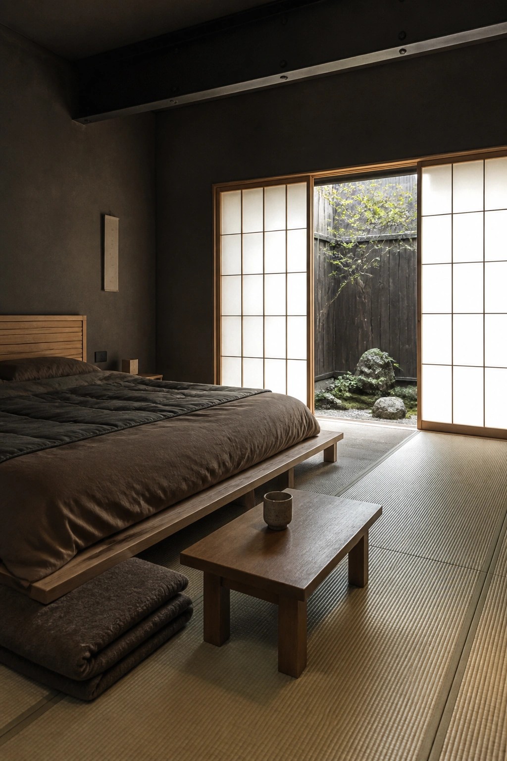 A bedroom with a low wooden platform bed in brown bedding, dark walls, tatami flooring, a small wooden bench, and open shoji screens showing a garden outside.
