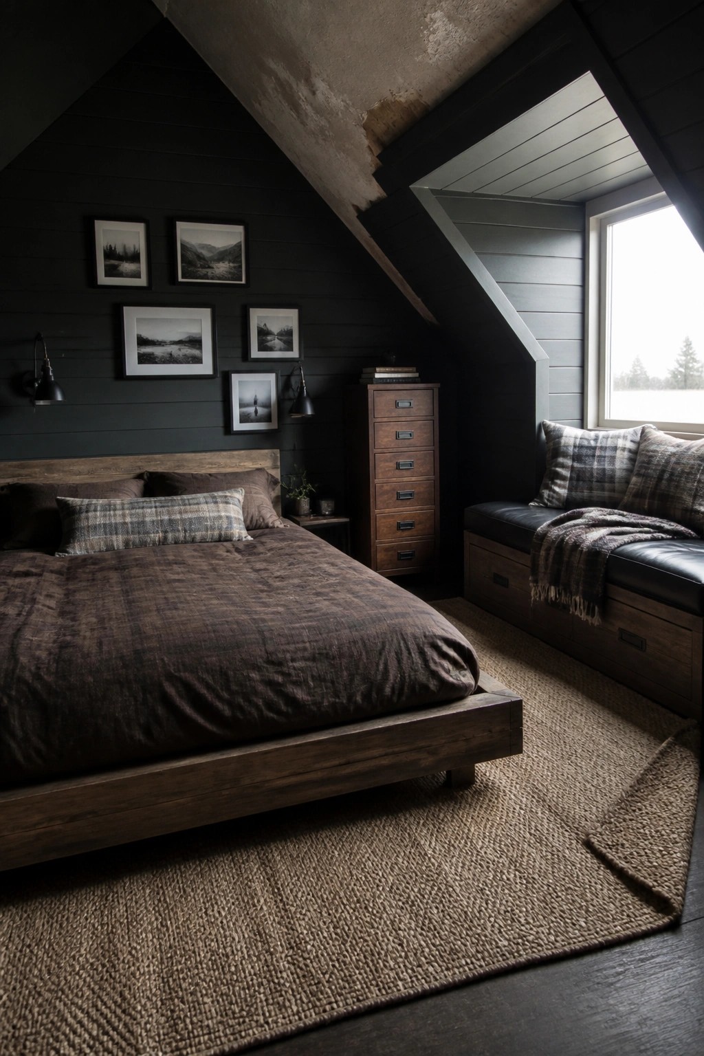 A bedroom featuring dark charcoal walls, a low wooden bed with brown bedding, a tall wooden dresser, wall art, and a built-in window seat with plaid pillows.