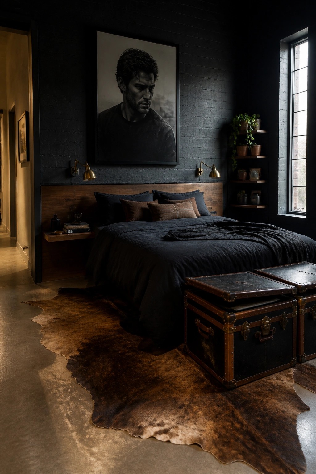 Dark bedroom with oversized male portrait, black linens, and vintage trunks on cowhide rug.