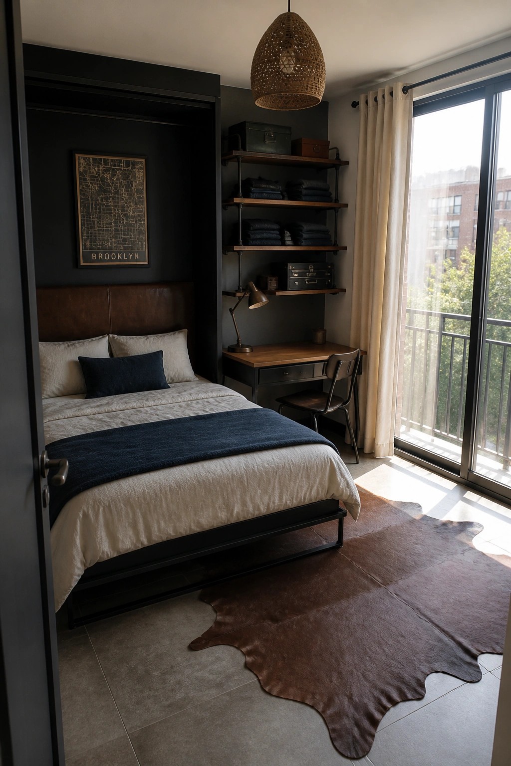 Modern bedroom with bed, desk, shelves, cowhide rug, and large window.