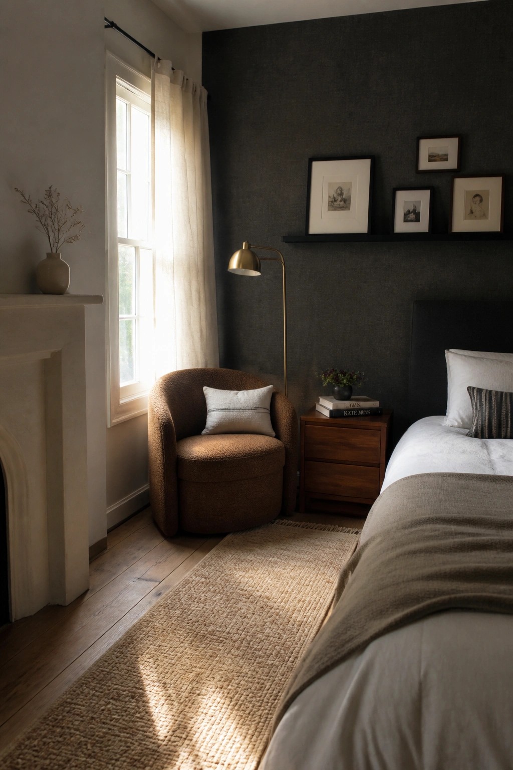 Cozy bedroom with sunlit window, brown boucle chair, brass lamp, and wooden nightstand.