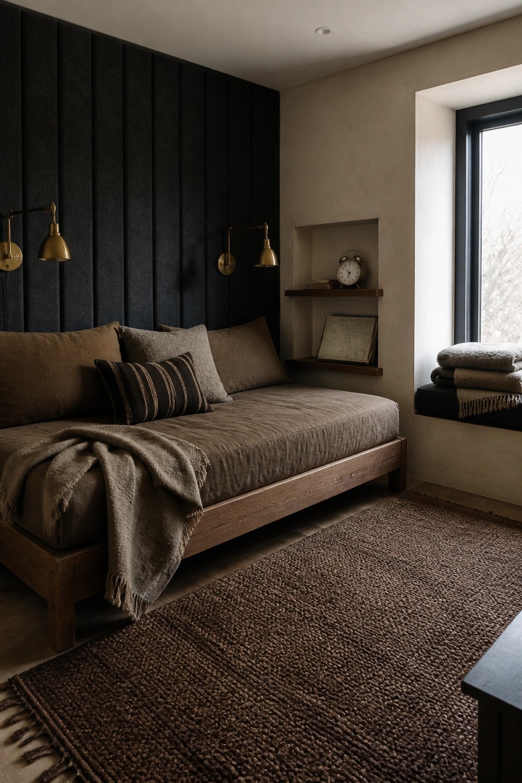 A bedroom with a dark vertically paneled wall behind a wooden bed dressed in brown linens, two brass sconces, a built-in niche with an alarm clock and books, and a large textured rug on the floor.