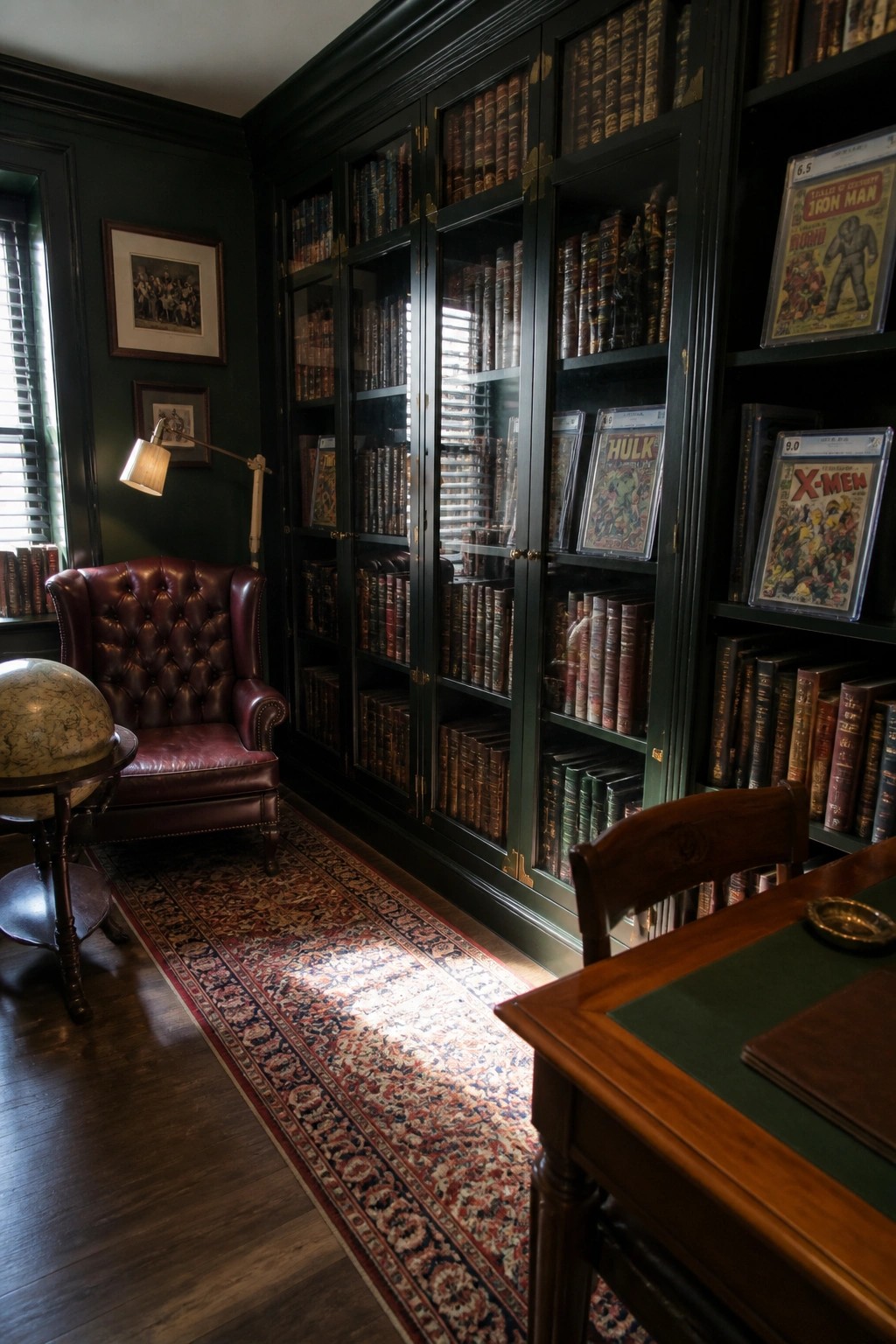 A room interior with dark green walls and built-in glass-front cabinets containing books and graded comic books, alongside a red leather chair and wooden desk.