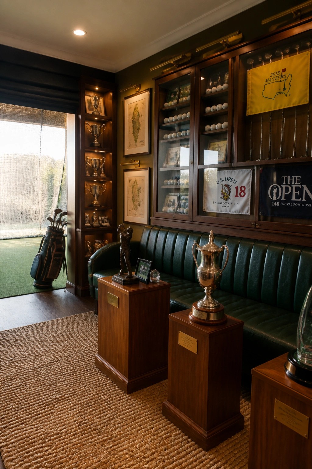 A room with dark green walls and wooden built-in glass display cabinets filled with golf balls, flags, and trophies, plus a green leather sofa and wooden pedestals holding large silver trophies.