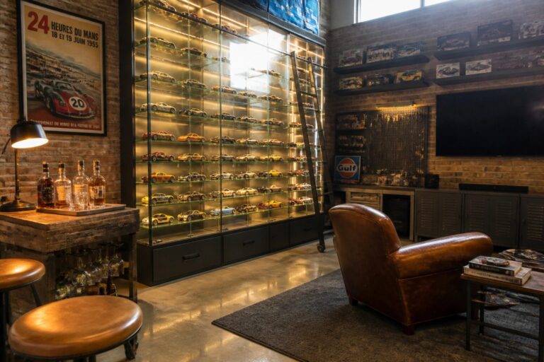 23 Curated Man Cave Ideas for Collectors Using Glass Display Cabinets A man cave interior featuring a tall illuminated glass display cabinet filled with model cars, a brown leather armchair on a dark rug, and a wooden cart with bottles next to a brick wall.