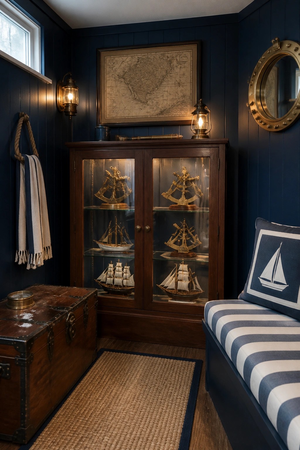 Nautical room with dark blue walls, ship model cabinet, antique map, and striped bench.