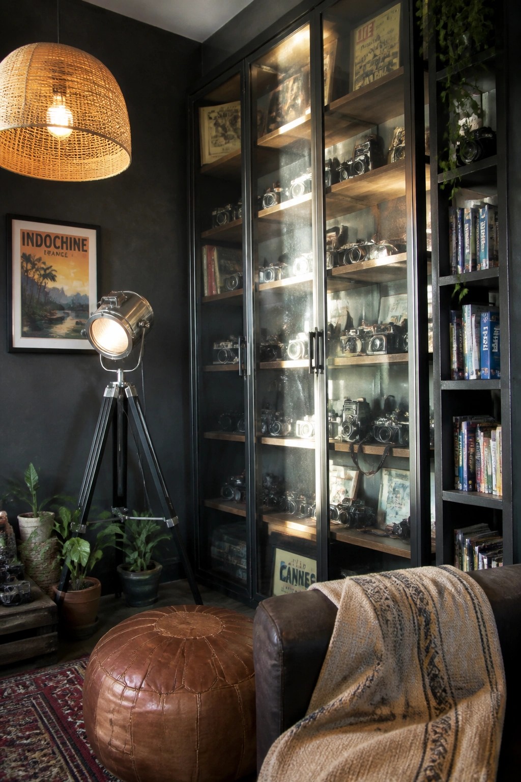 A room with tall black metal and glass display cabinets filled with vintage cameras on wooden shelves, next to a brown leather ottoman and woven pendant light.
