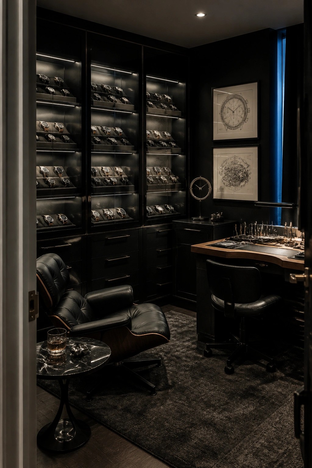 A dark room with multiple tall glass display cabinets filled with watches, a black leather lounge chair, a marble side table, and a wooden desk with a black office chair.