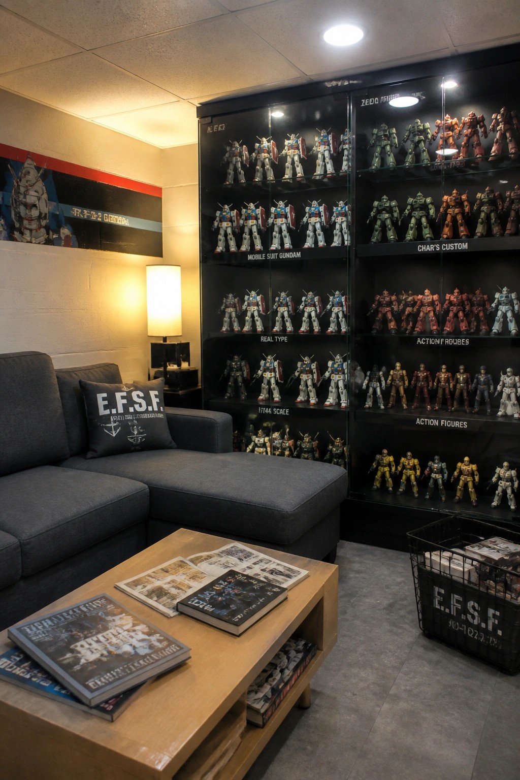 A room with a gray sectional sofa facing tall black glass display cabinets filled with rows of Gundam model kits and action figures, plus a wooden coffee table holding books.