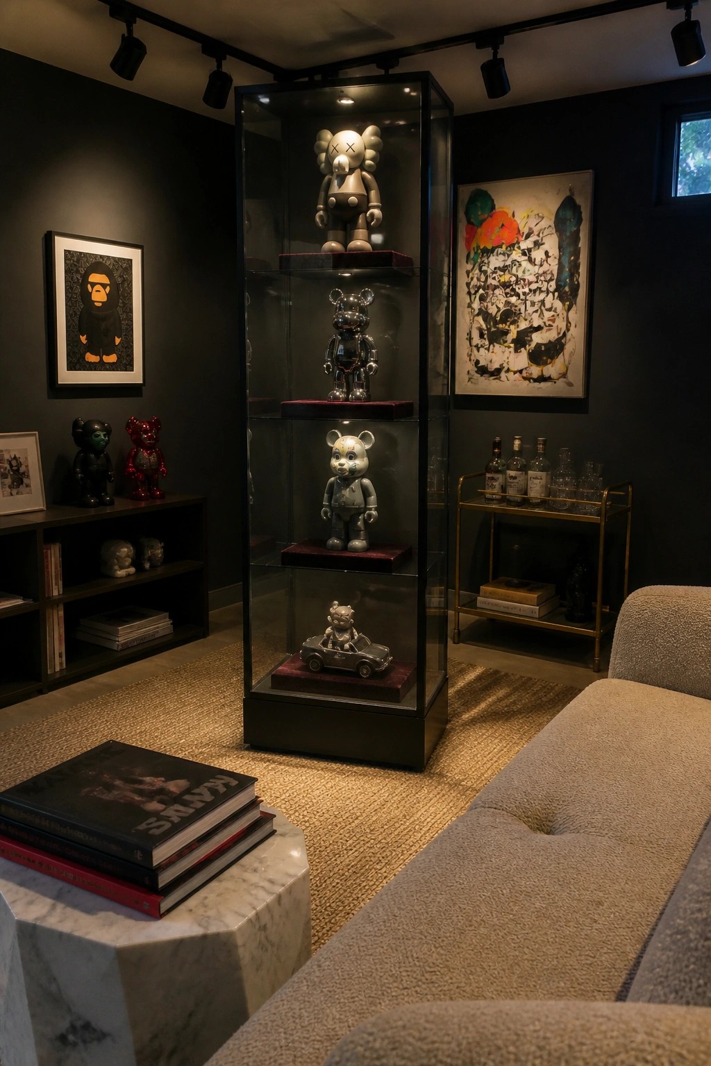 A tall glass display cabinet with multiple illuminated shelves holds several collectible figurines in a dark-walled room with surrounding art and furniture.