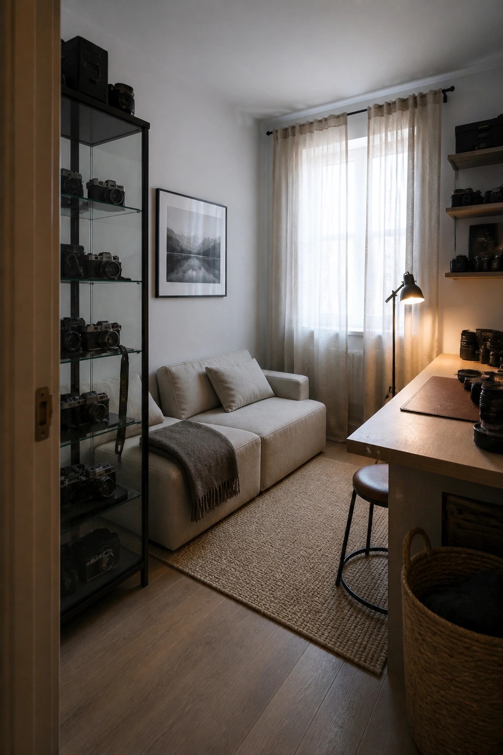 Beige sofa beside glass cabinet of vintage cameras, wooden desk, and woven rug.