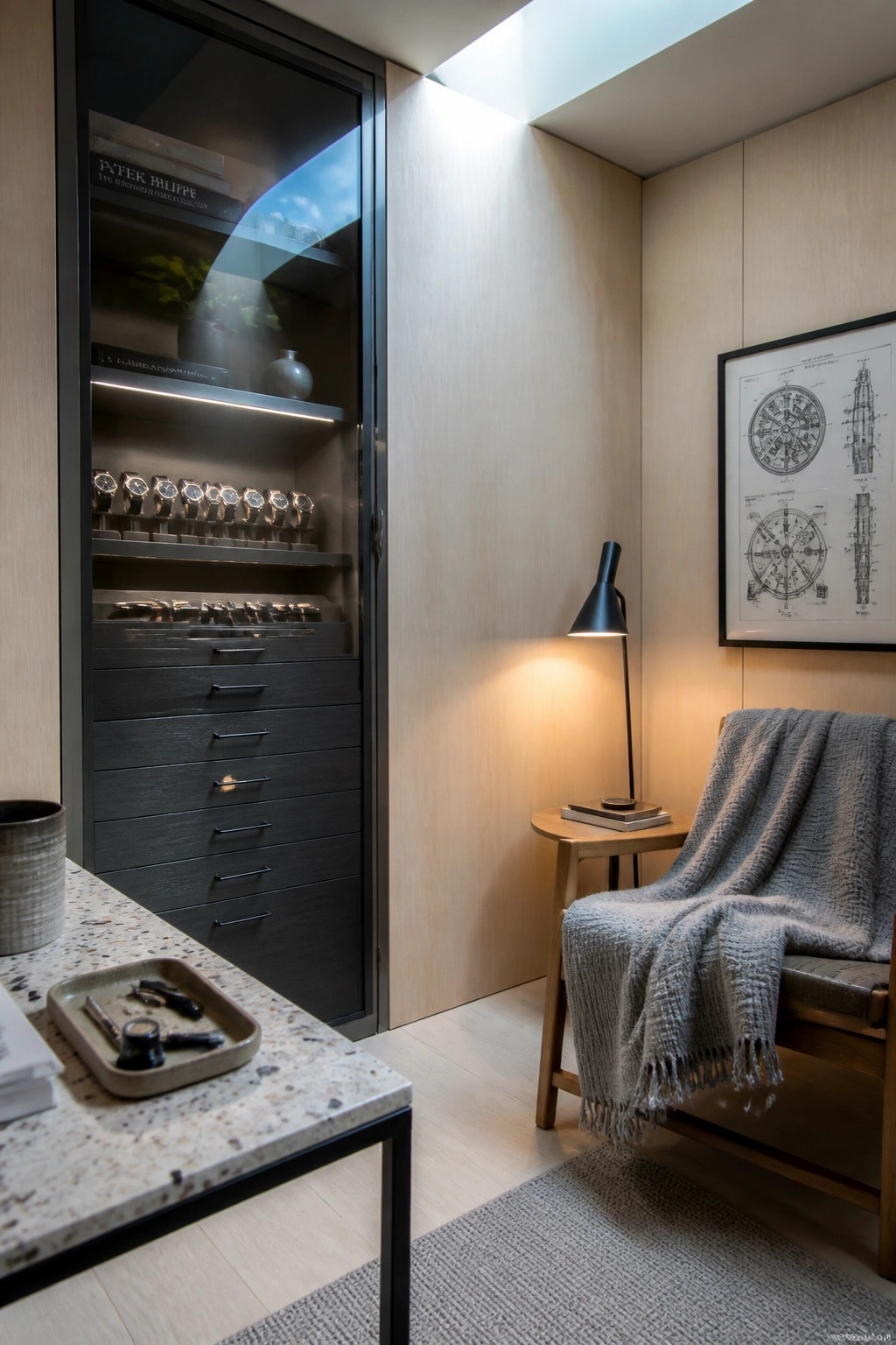 A tall glass-front display cabinet with illuminated shelves holding watches and books stands against wood-paneled walls next to a wooden chair with a gray throw.