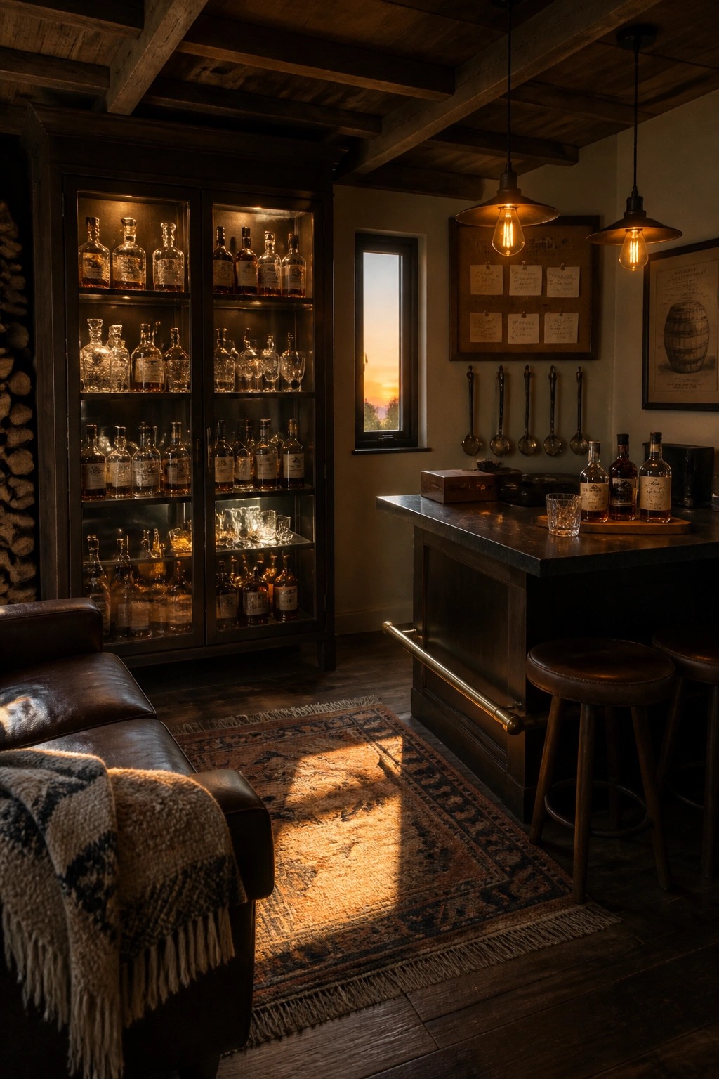 Rustic home bar with glowing whiskey cabinet, leather sofa, wooden stools, and sunset light