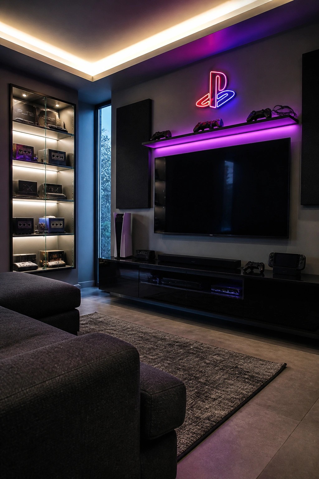 A dark modern media room featuring a large wall-mounted television, purple LED shelf lighting, a tall glass display cabinet with multiple gaming consoles, and a red and blue PlayStation neon sign above the TV.