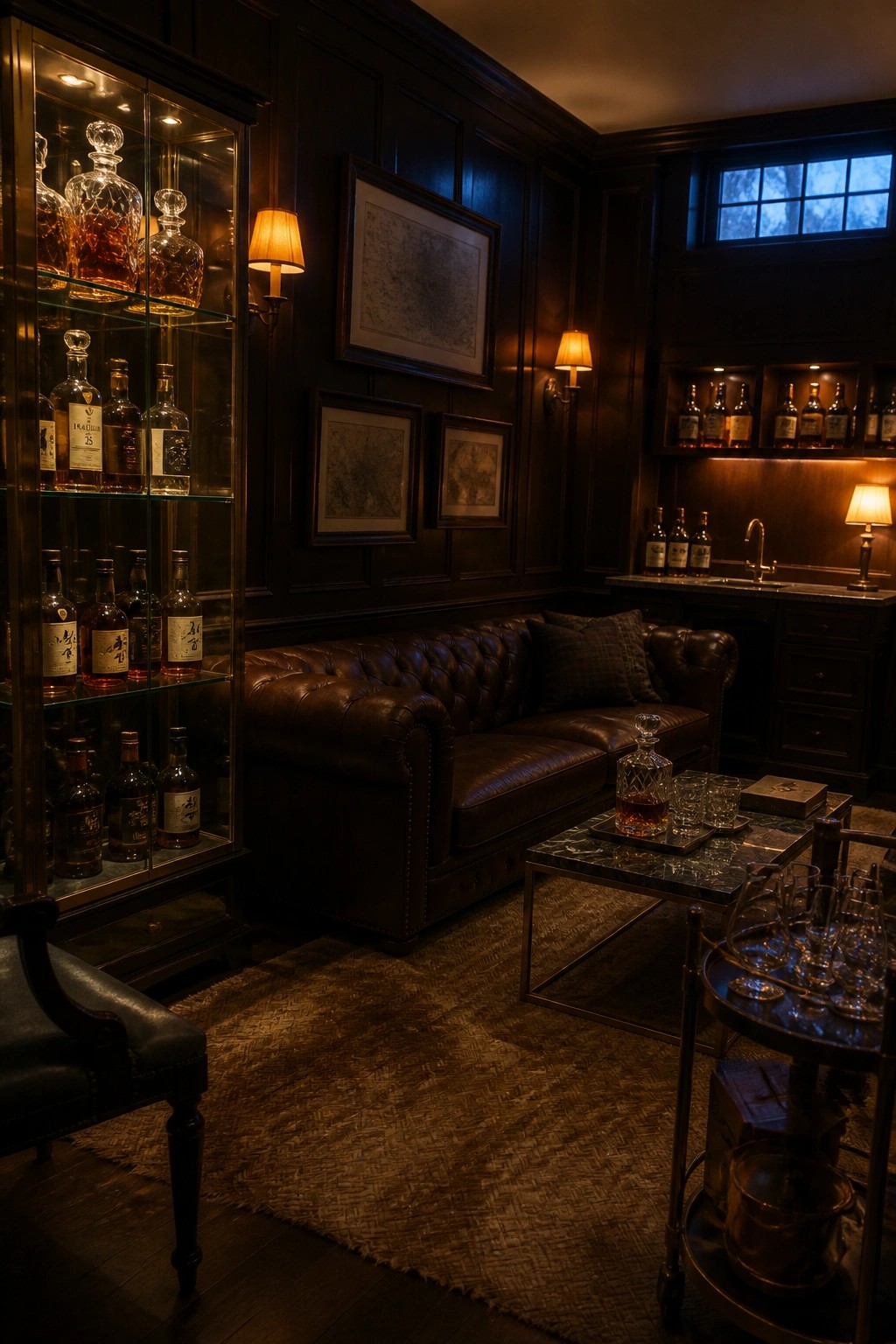 A dark wood paneled room featuring a brown leather sofa, a tall illuminated glass display cabinet filled with liquor bottles, and a marble coffee table with glasses.