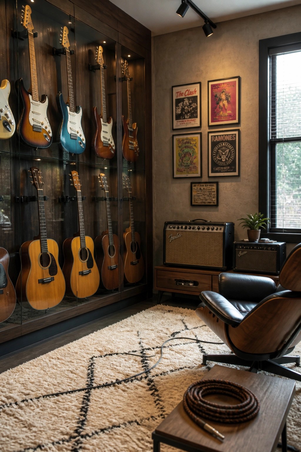 A room with multiple electric and acoustic guitars stored inside tall glass display cabinets, a black leather chair, and amplifiers placed on a wooden console.
