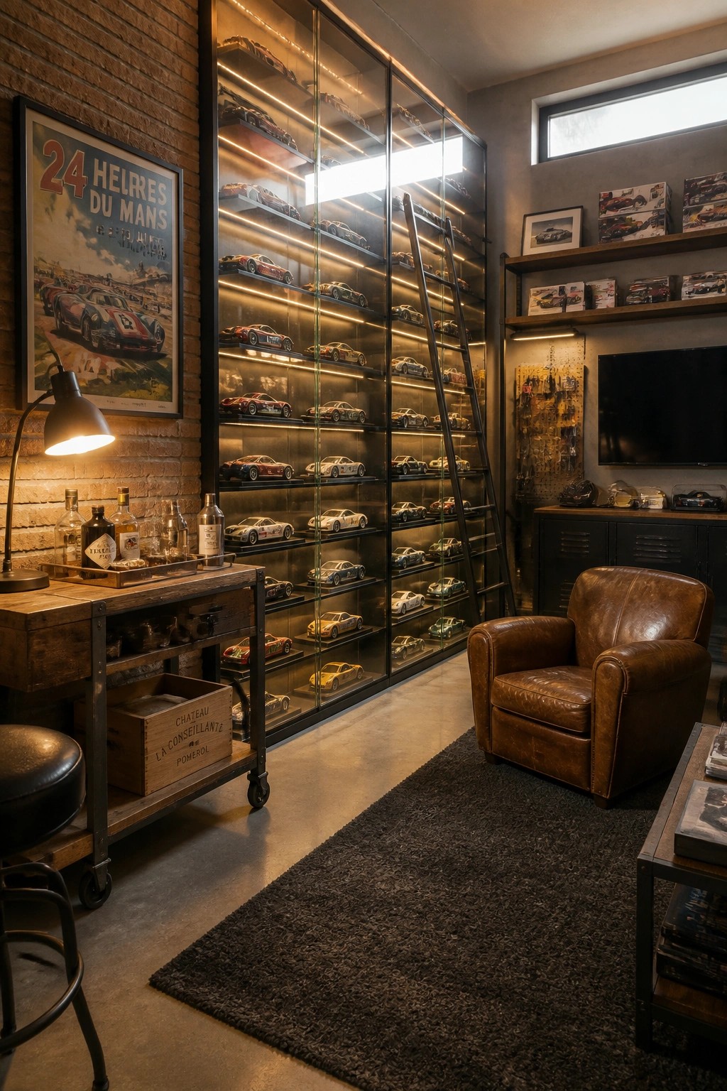 A man cave interior featuring a tall illuminated glass display cabinet filled with model cars, a brown leather armchair on a dark rug, and a wooden cart with bottles next to a brick wall.