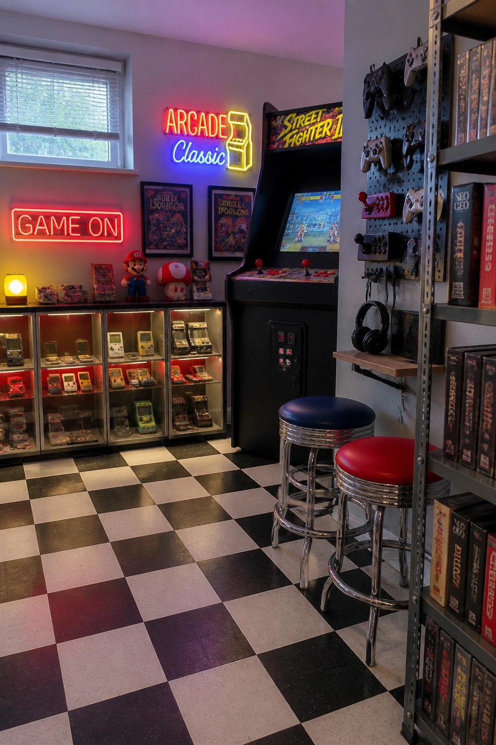 A retro gaming room with illuminated glass display cabinets showing handheld consoles, an arcade machine, neon signs, and two bar stools on a black and white checkered floor.