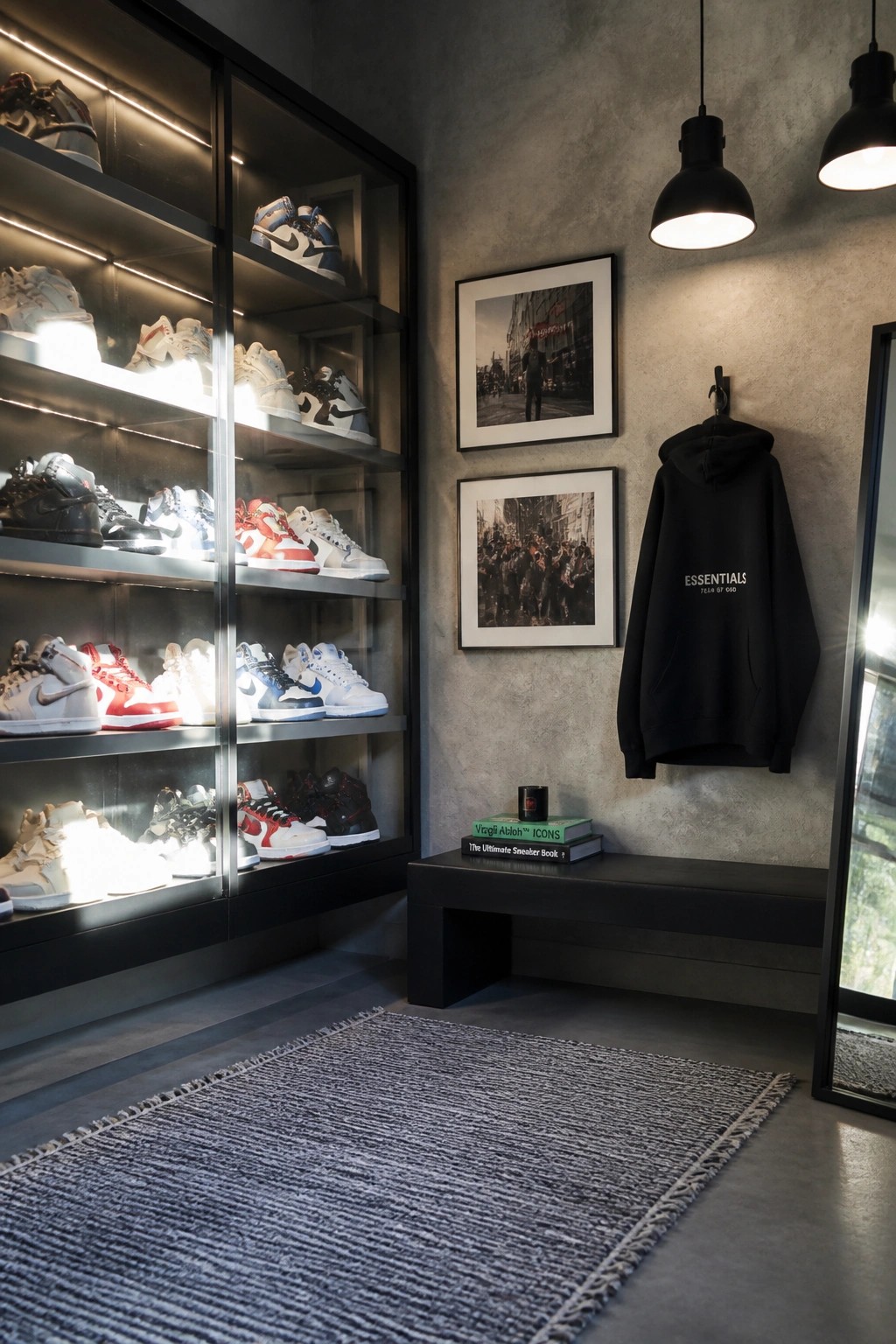 A room interior with tall black-framed glass display cabinets holding rows of sneakers on lit shelves, a black hoodie on the wall, and books stacked on a bench.