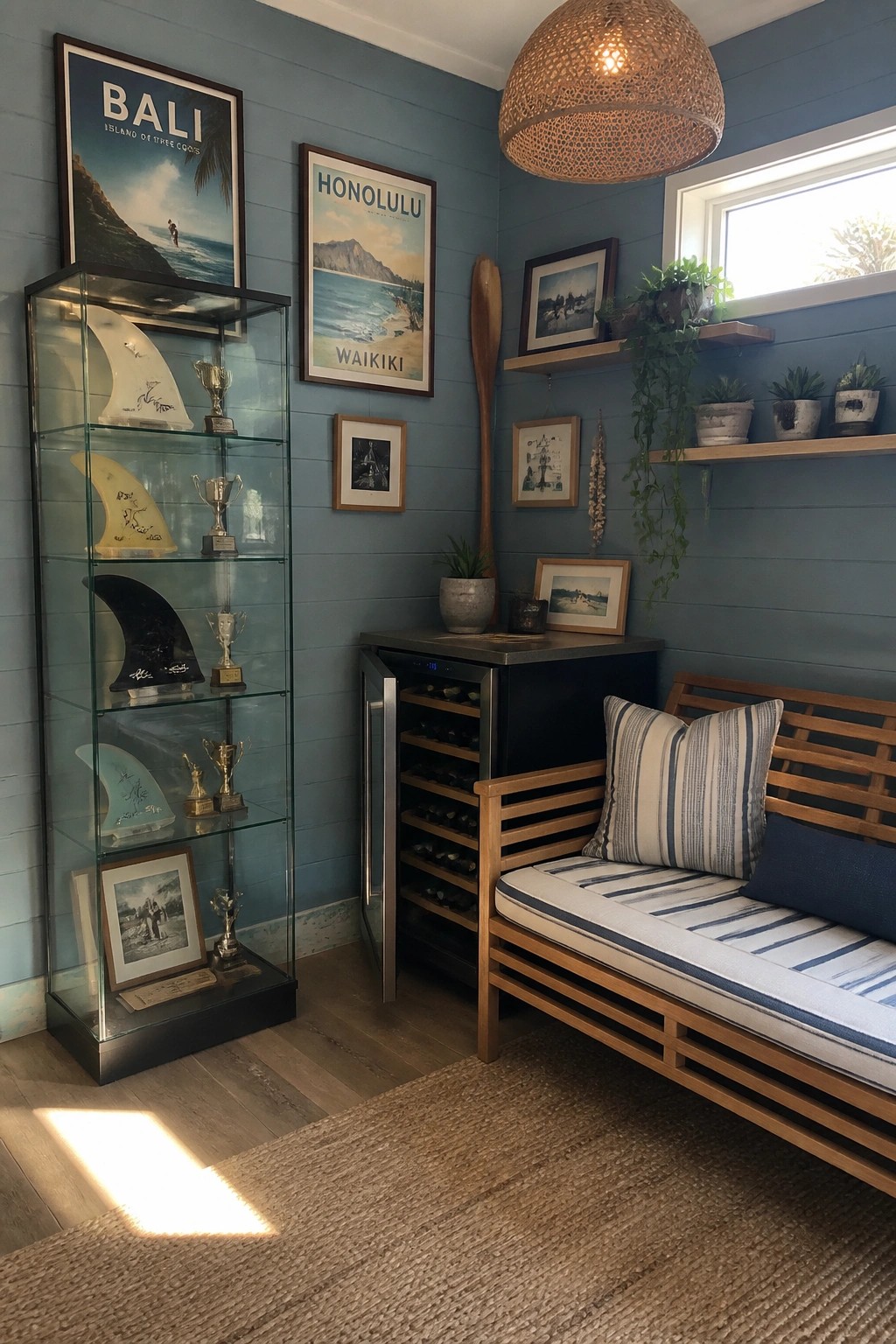 Interior room with blue walls featuring a tall glass display cabinet filled with surfboard fins and trophies beside a wooden bench and wine fridge.