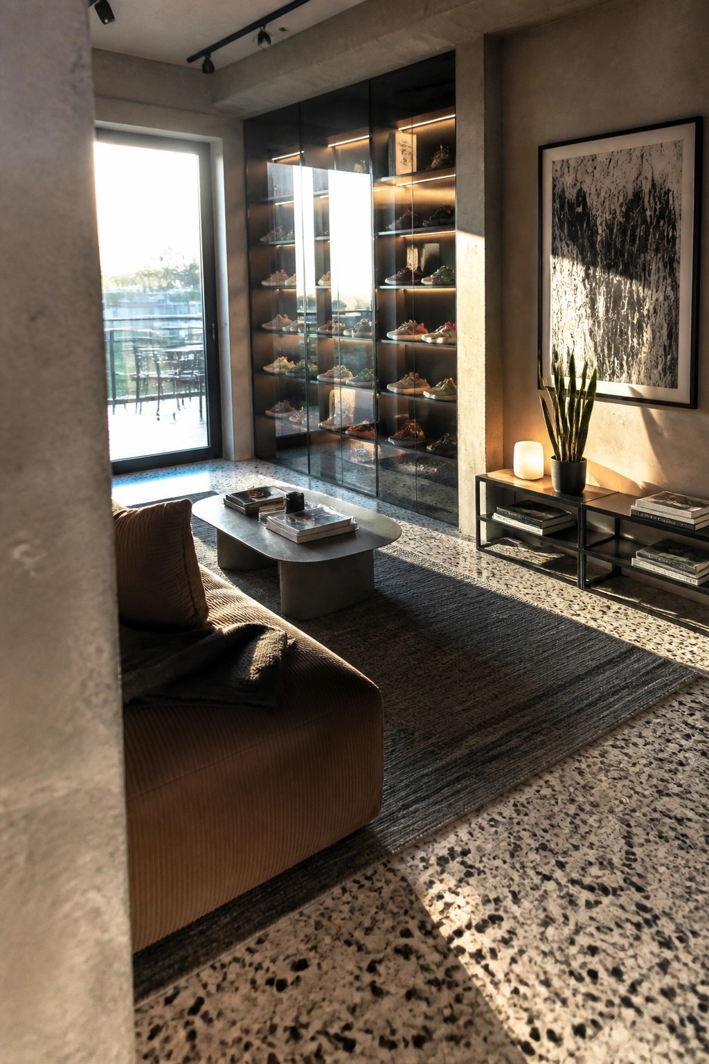 Interior view of a modern room featuring a tall illuminated glass display cabinet filled with sneakers, positioned beside a brown sofa and coffee table on a dark rug.