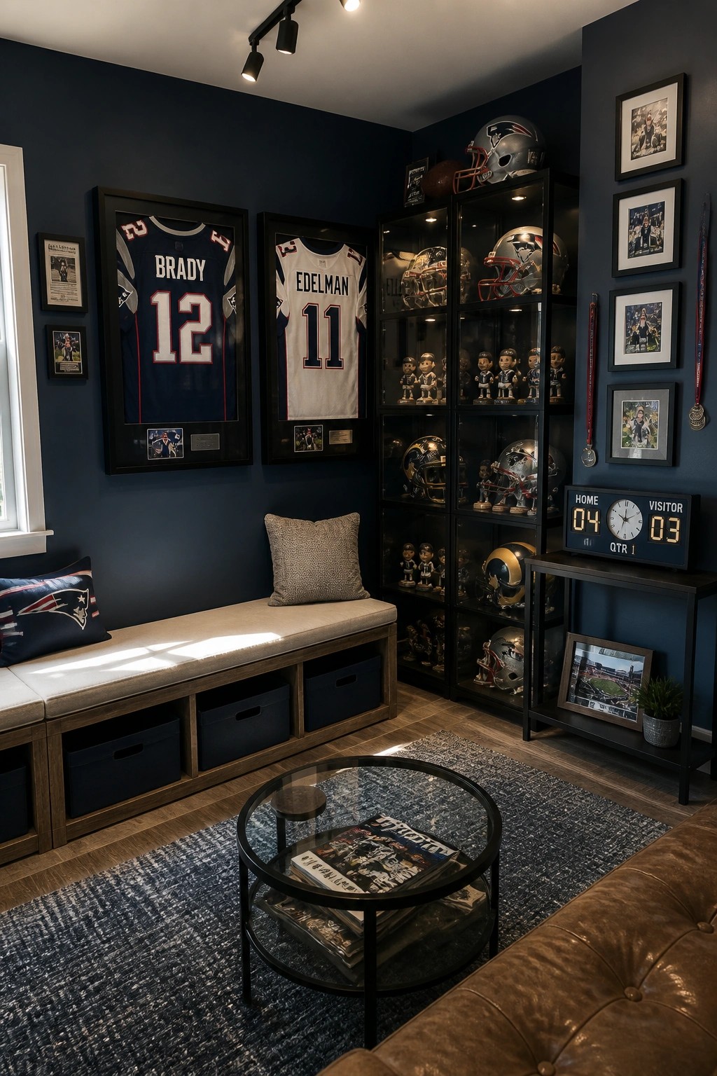 A navy blue room with framed football jerseys on the wall, glass display cabinets holding helmets and bobbleheads, a wooden bench, and a round coffee table on a rug.