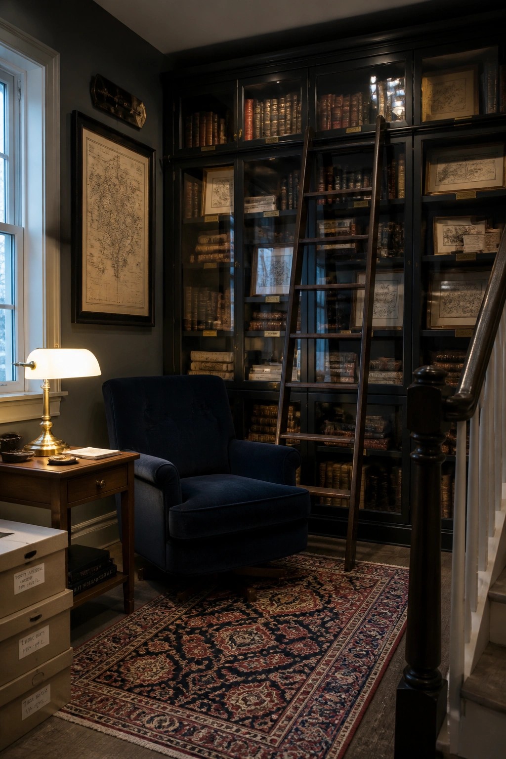 A navy blue armchair sits before tall black glass-front bookcases filled with books and framed prints, with a wooden ladder leaning against the cabinets and storage boxes stacked beside a side table.
